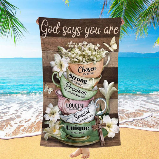 Vintage Tea Cup, Lily Flower, God Says You Are Beach Towel, Christian Beach Towel, Christian Gift, Gift For Women