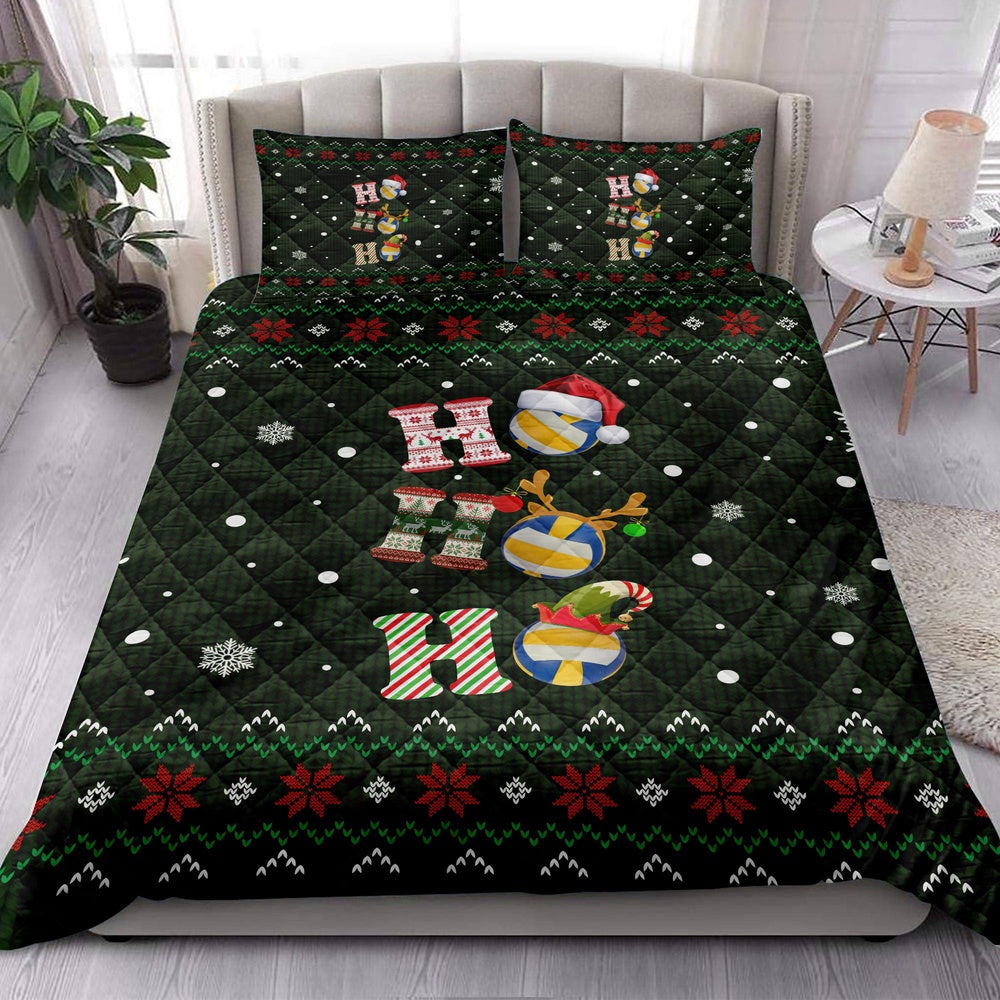 Volleyball Quilt Set, Ho Ho Ho Volleyball Santa Hatmas Snowflake Ugly Quilt Blanket