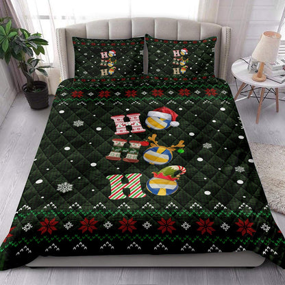Volleyball Quilt Set, Ho Ho Ho Volleyball Santa Hatmas Snowflake Ugly Quilt Blanket
