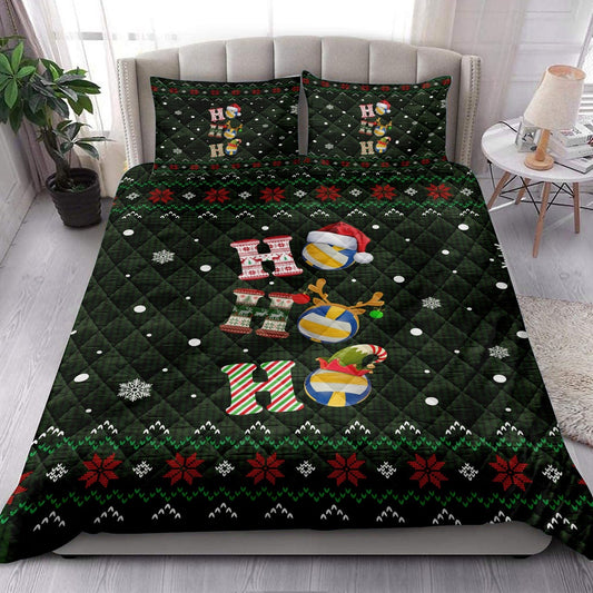 Volleyball Quilt Set, Ho Ho Ho Volleyball Santa Hatmas Snowflake Ugly Quilt Blanket