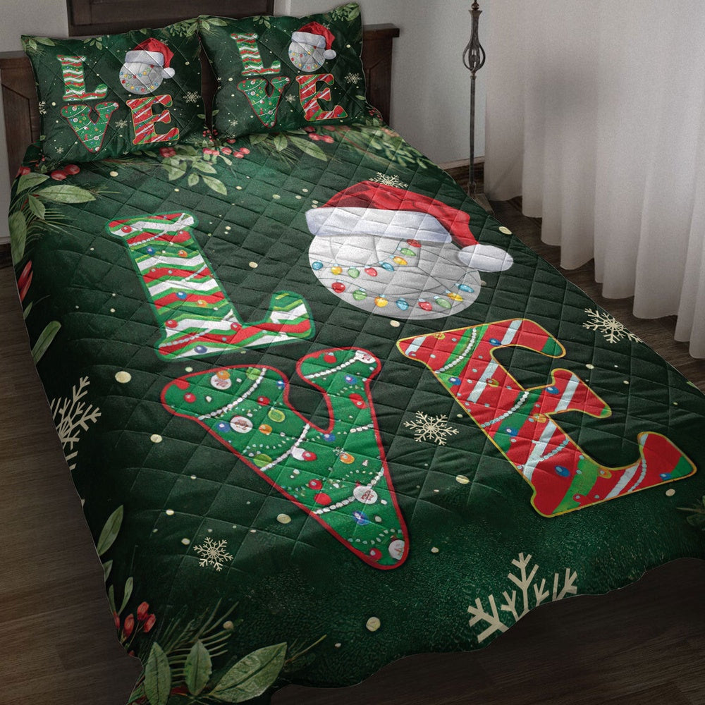 Volleyball Quilt Set, Love Volleyball Withmas Hat Holly Berry Snowflake Holiday Quilt Blanket