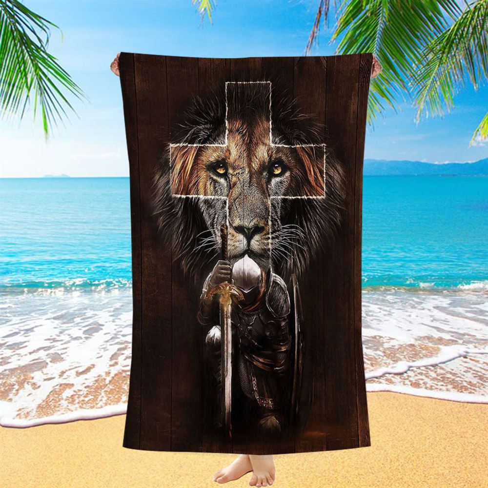 Warrior Black Lion Cross Beach Towel - Christian Art - Bible Verse Beach Towel - Religious Beach Towel