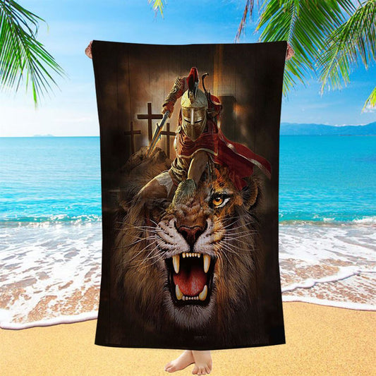 Warrior Of God Three Wooden Crosses Great Lion Of Judah Beach Towel - Inspirational Beach Towel - Christian Beach Towel
