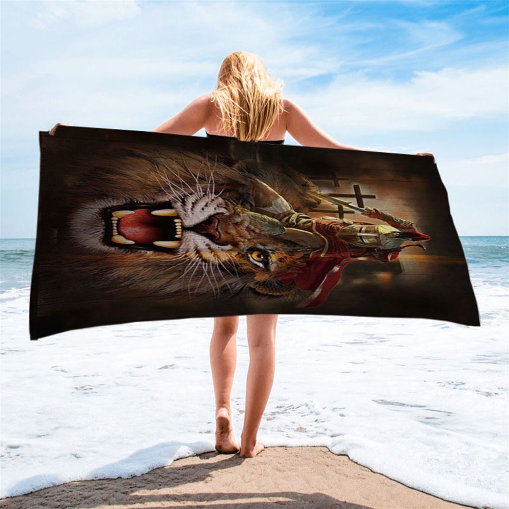 Warrior Of God Three Wooden Crosses Great Lion Of Judah Beach Towel - Inspirational Beach Towel - Christian Beach Towel