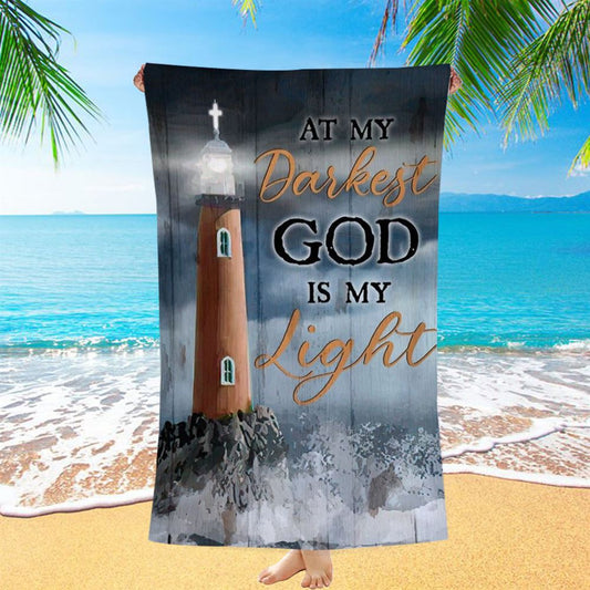 Watercolor Lighthouse, Stunning Ocean, At My Darkest God Is My Light Beach Towel, Christian Beach Towel, Christian Gift, Gift For Women