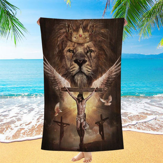 Watercolor Lion Jesus On Cross Beach Towel, Christian Beach Towel, Christian Gift, Gift For Women