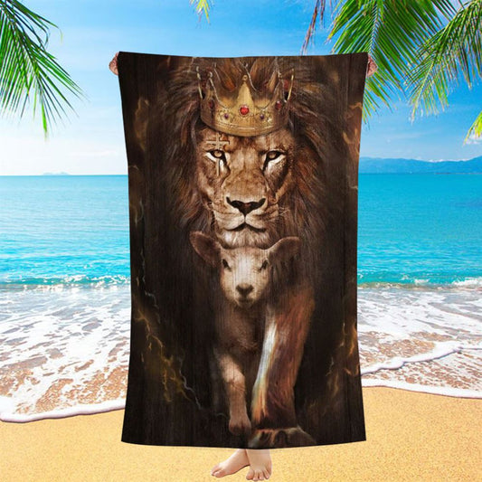 Watercolor Lion Lamb Of God Golden Crown Beach Towel, Christian Beach Towel, Christian Gift, Gift For Women