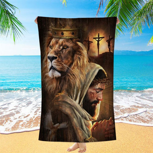 Watercolor Lion Pray With Jesus Jesus On The Cross Beach Towel, Christian Beach Towel, Christian Gift, Gift For Women