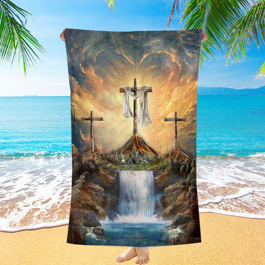 Waterfall Painting Light From Heaven The Three Crosses Beach Towel - Christian Art - Bible Verse Beach Towel - Religious Beach Towel