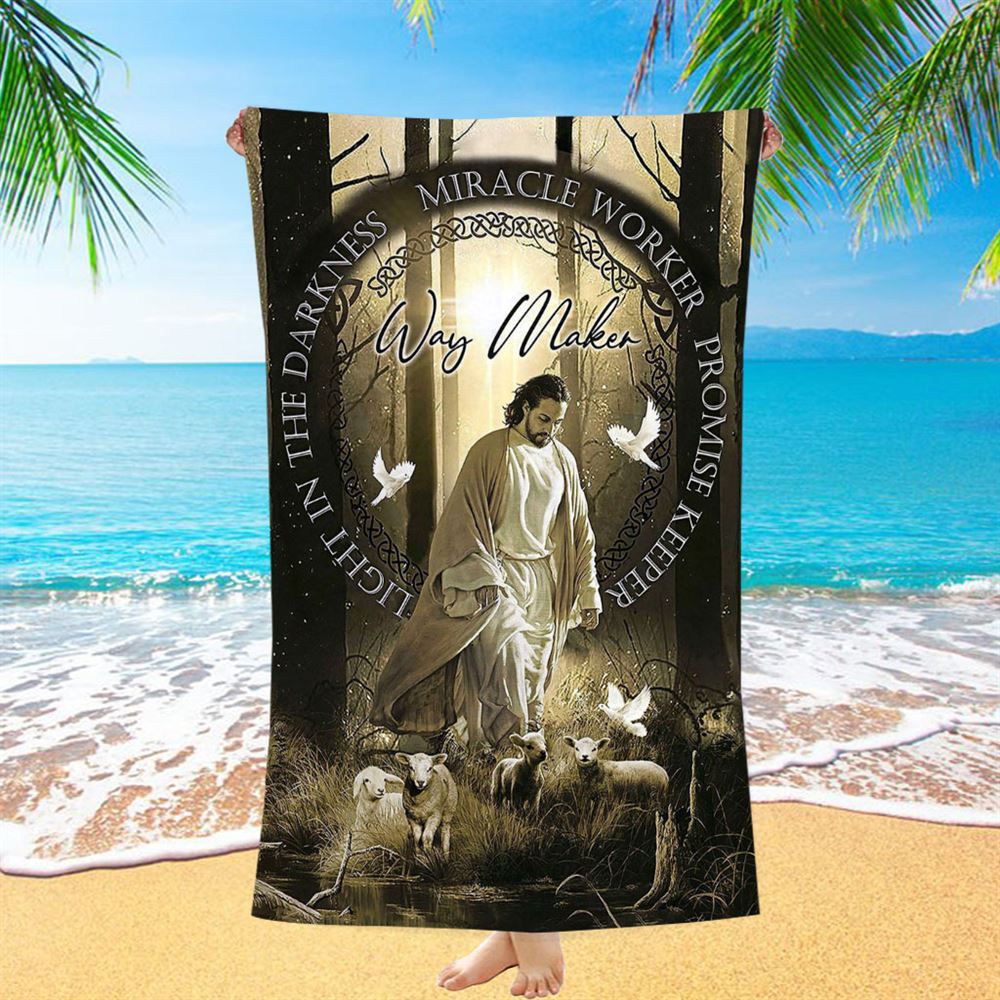 Way Maker Jesus & Lambs Beach Towel - Jesus Beach Towel Pictures - Christian Beach Towel