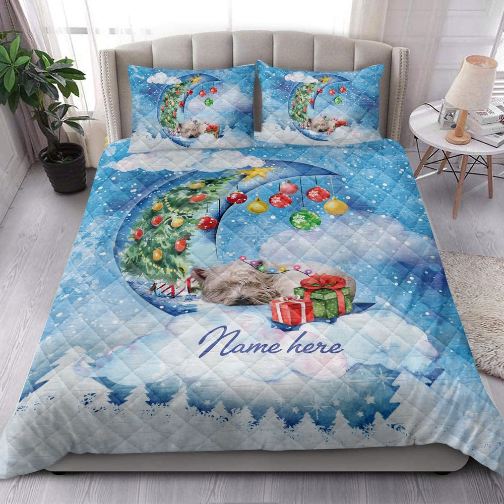 West Highland White Terrier Quilt Set, West Highland Sleeping On The Moonmas Tree Dog Quilt Blanket