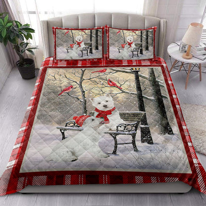 West Highland White Terrier Quilt Set, Westie West Highland Terrier Hellomas Snowflake Winter Park Quilt Blanket