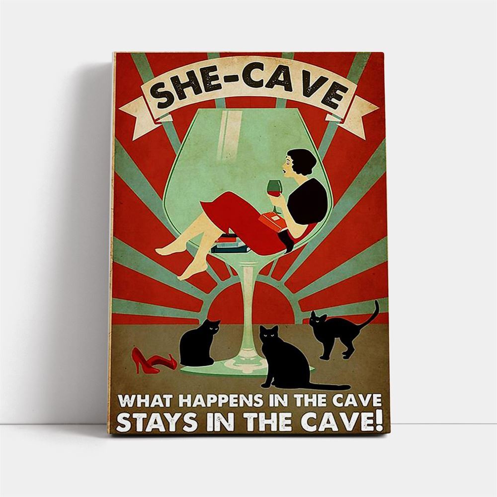 Wine Cat What Happens In The Cave Stays In The Cave Canvas, Mother's Day Canvas Art, Gift For Mom, Birthday Gift, Mother's Day Wall Art