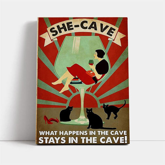Wine Cat What Happens In The Cave Stays In The Cave Canvas, Mother's Day Canvas Art, Gift For Mom, Birthday Gift, Mother's Day Wall Art