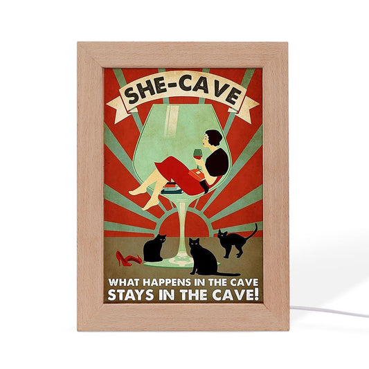 Wine Cat What Happens In The Cave Stays In The Cave Frame Lamp, Mother's Day Night Light, Best Mom Ever, Gift For Mom