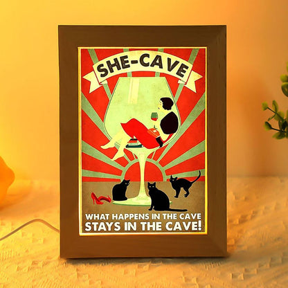 Wine Cat What Happens In The Cave Stays In The Cave Frame Lamp, Mother's Day Night Light, Best Mom Ever, Gift For Mom