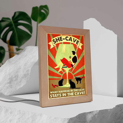 Wine Cat What Happens In The Cave Stays In The Cave Frame Lamp, Mother's Day Night Light, Best Mom Ever, Gift For Mom