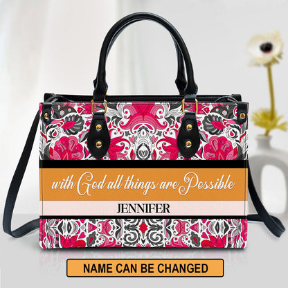 With God All Things Are Possible Leather Bag, Personalized Leather Bag With Handle For Christian Women