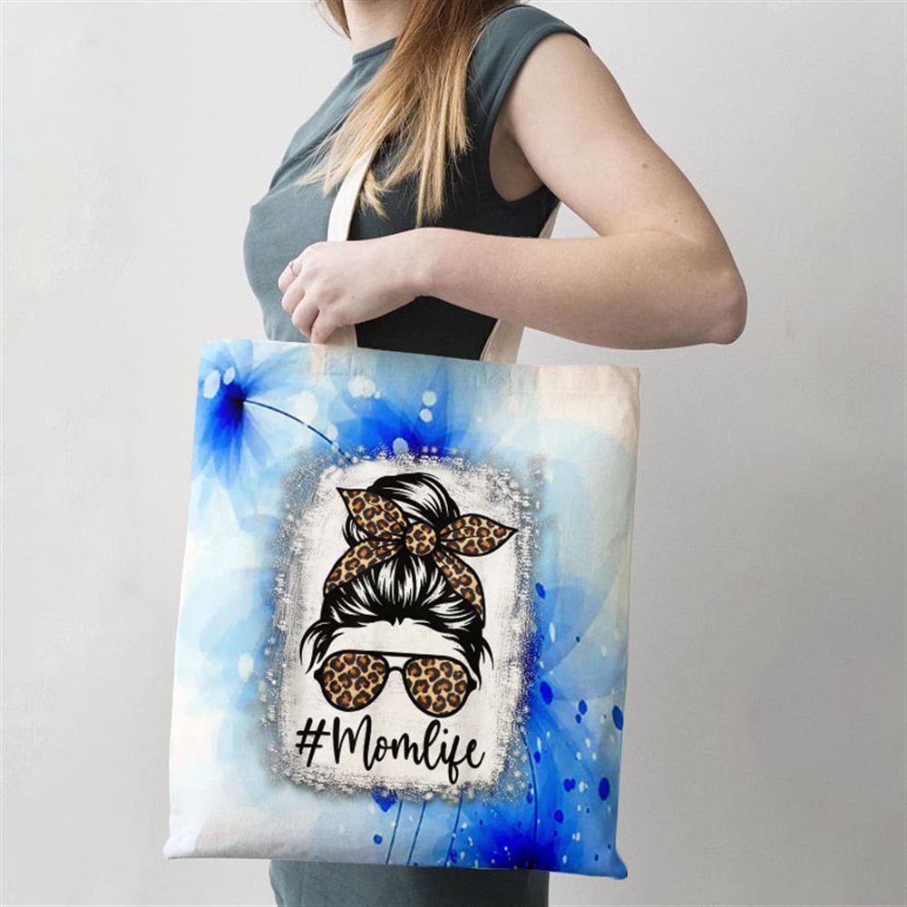 Women Mom Life Bleached Mom Life Leopard Messy Bun Tote Bag, Women Tote Bag, Canvas Tote Bag, Printed Tote Bag