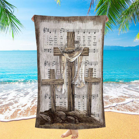 Wooden Cross Amazing Grace Lyrics Beach Towel - Christian Art - Bible Verse Beach Towel - Religious Beach Towel