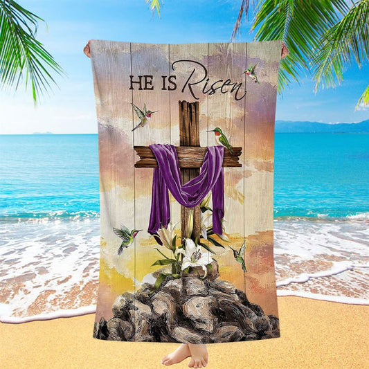 Wooden Cross Lily Flower Hummingbird He Is Risen Beach Towel - Christian Art - Bible Verse Beach Towel - Religious Beach Towel