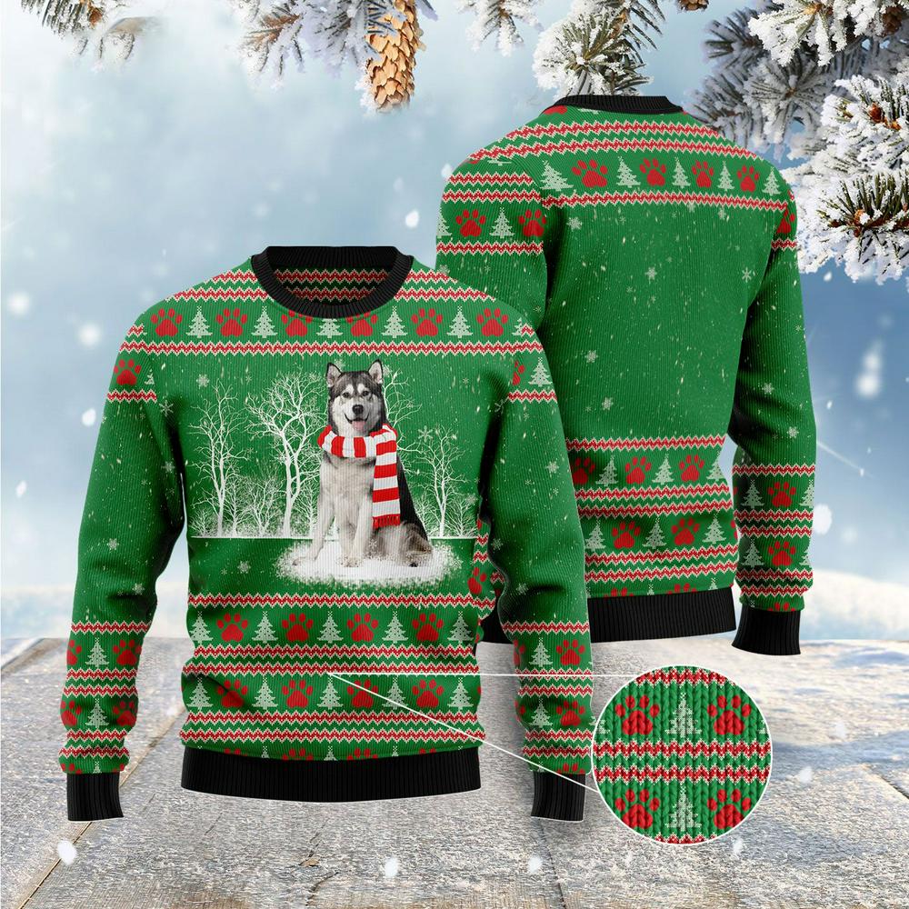 Xmas Tree Sweater, Alaskan Malamute Winter Tree Ugly Christmas Sweater, Funny Xmas Sweater