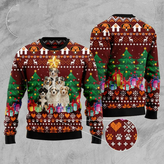 Xmas Tree Sweater, Australian Shepherd Pine Tree Ugly Christmas Sweater, Funny Xmas Sweater