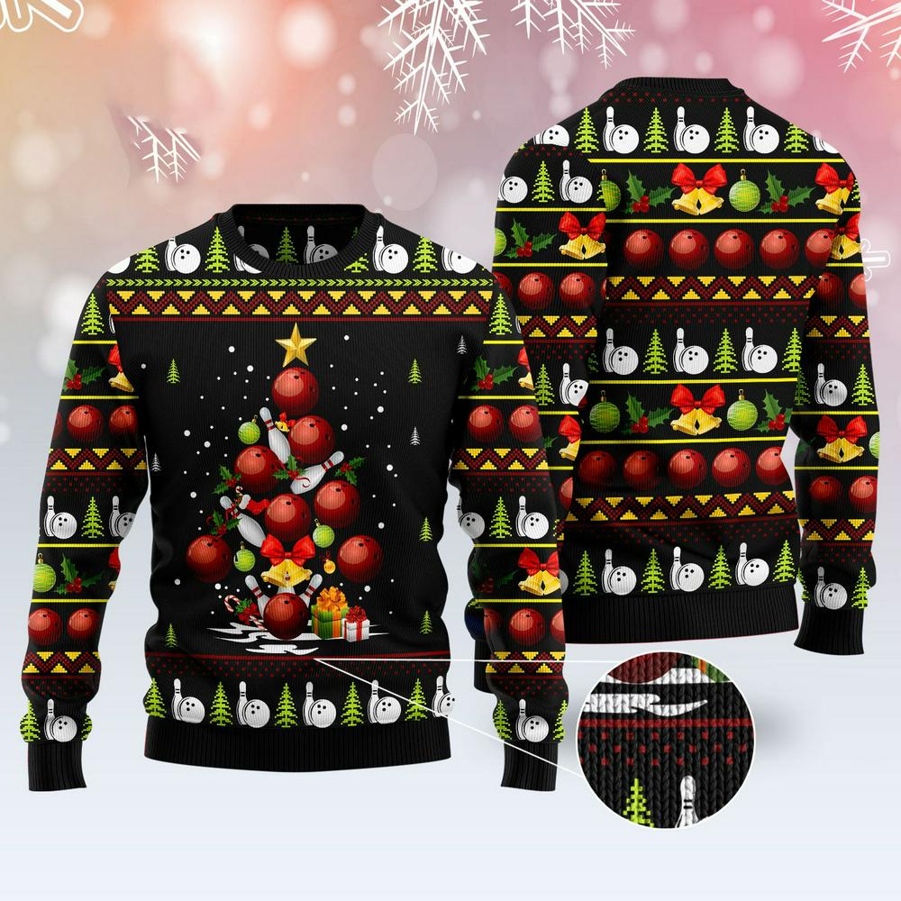 Xmas Tree Sweater, Bowling Christmas Tree Ugly Christmas Sweater, Funny Xmas Sweater
