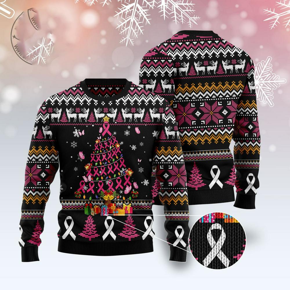 Xmas Tree Sweater, Breast Cancer Awareness Christmas Tree Ugly Christmas Sweater, Funny Xmas Sweater