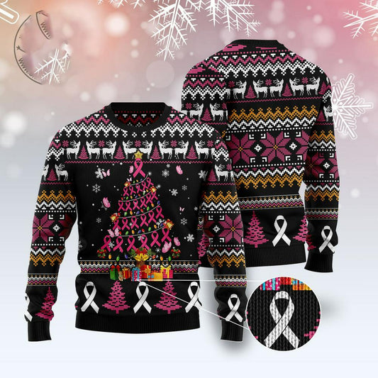 Xmas Tree Sweater, Breast Cancer Awareness Christmas Tree Ugly Christmas Sweater, Funny Xmas Sweater
