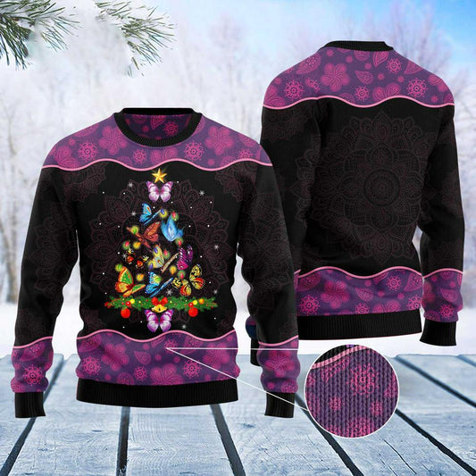 Xmas Tree Sweater, Butterfly Christmas Tree Ugly Christmas Sweater, Funny Xmas Sweater