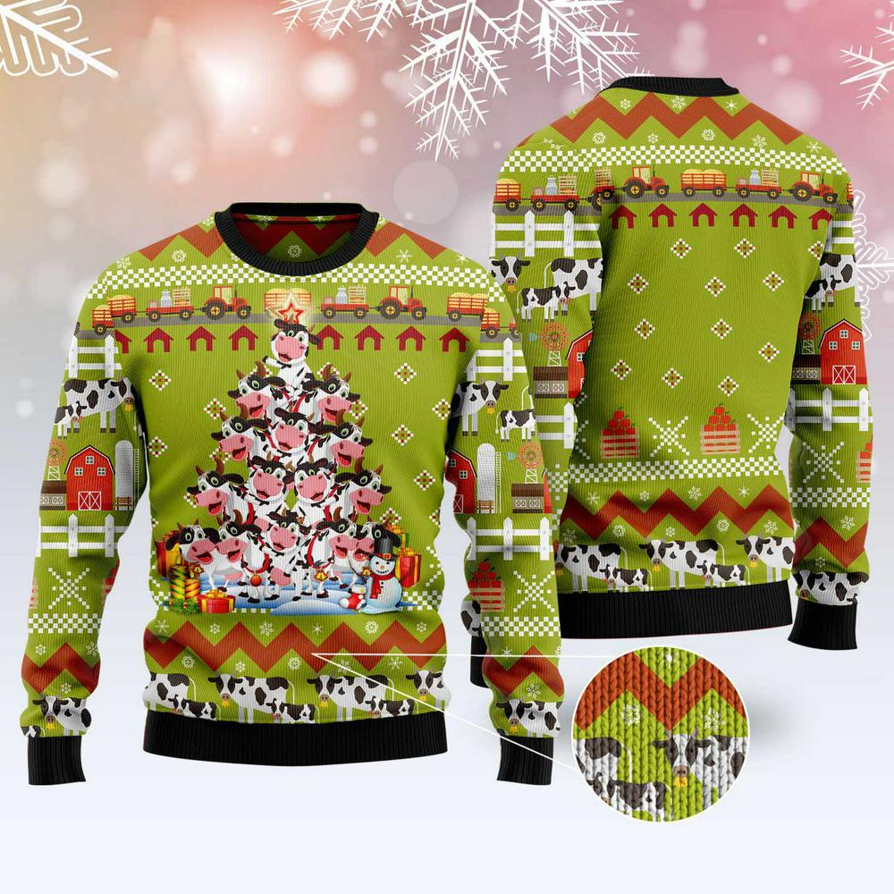 Xmas Tree Sweater, Cow Pine Tree Christmas Ugly Christmas Sweater, Funny Xmas Sweater