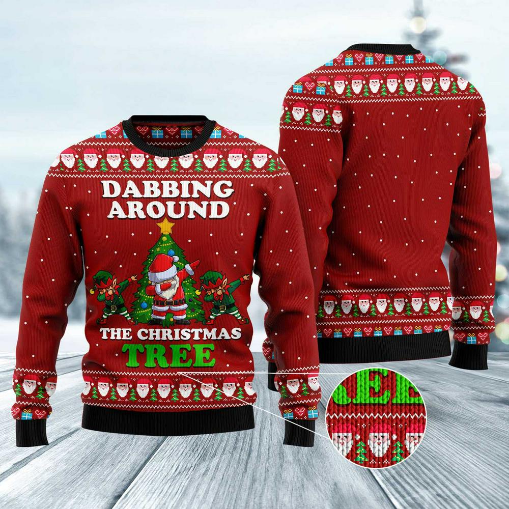 Xmas Tree Sweater, Dabbing Around The Christmas Tree Santa Claus And Goblin Ugly Christmas Sweater, Funny Xmas Sweater