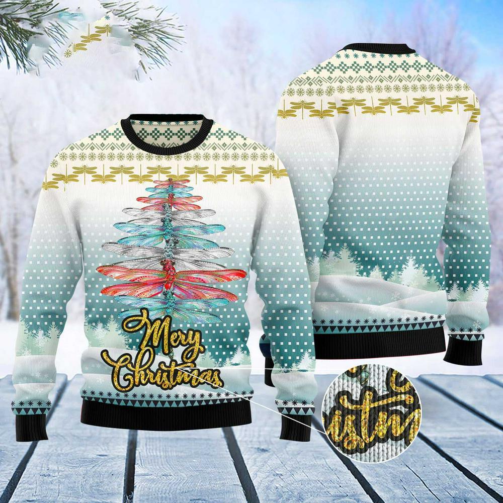 Xmas Tree Sweater, Dragonfly Color Christmas Tree Ugly Christmas Sweater, Funny Xmas Sweater