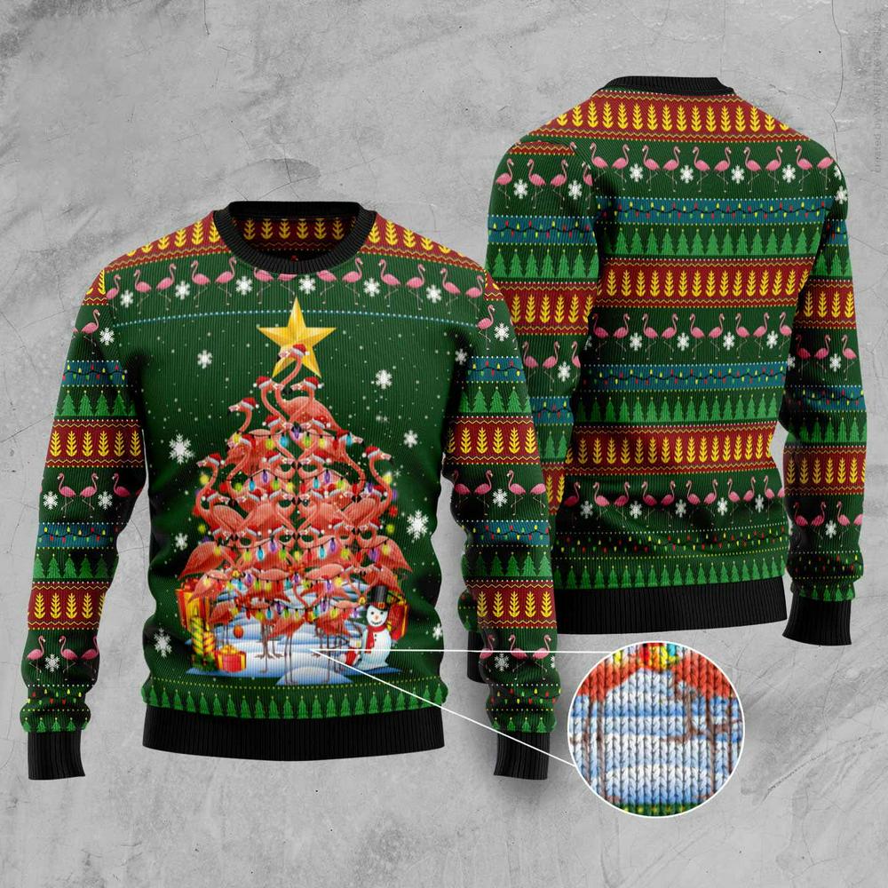 Xmas Tree Sweater, Flamingo Christmas Tree Snowman Ugly Christmas Sweater, Funny Xmas Sweater