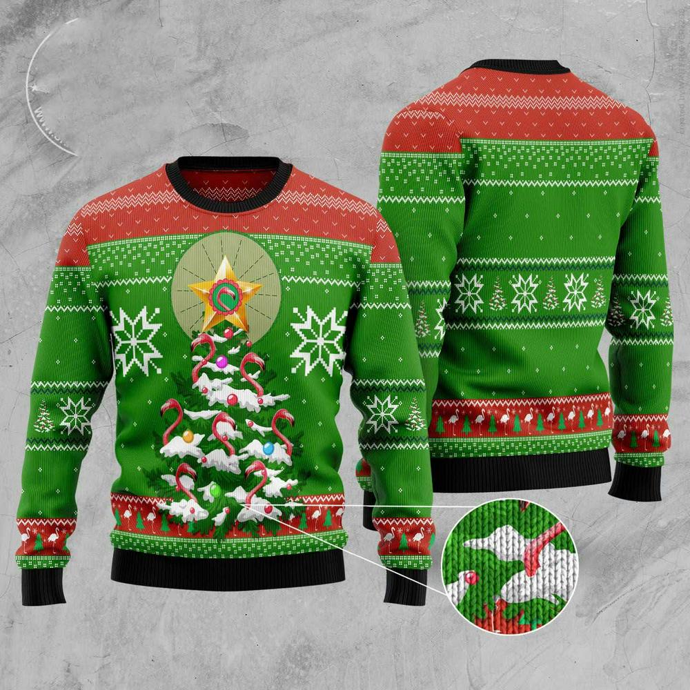 Xmas Tree Sweater, Flamingo Pine Tree Ugly Christmas Sweater, Funny Xmas Sweater