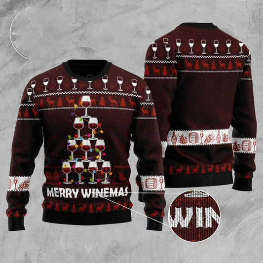 Xmas Tree Sweater, Merry Winemas Christmas Tree Ugly Christmas Sweater, Funny Xmas Sweater