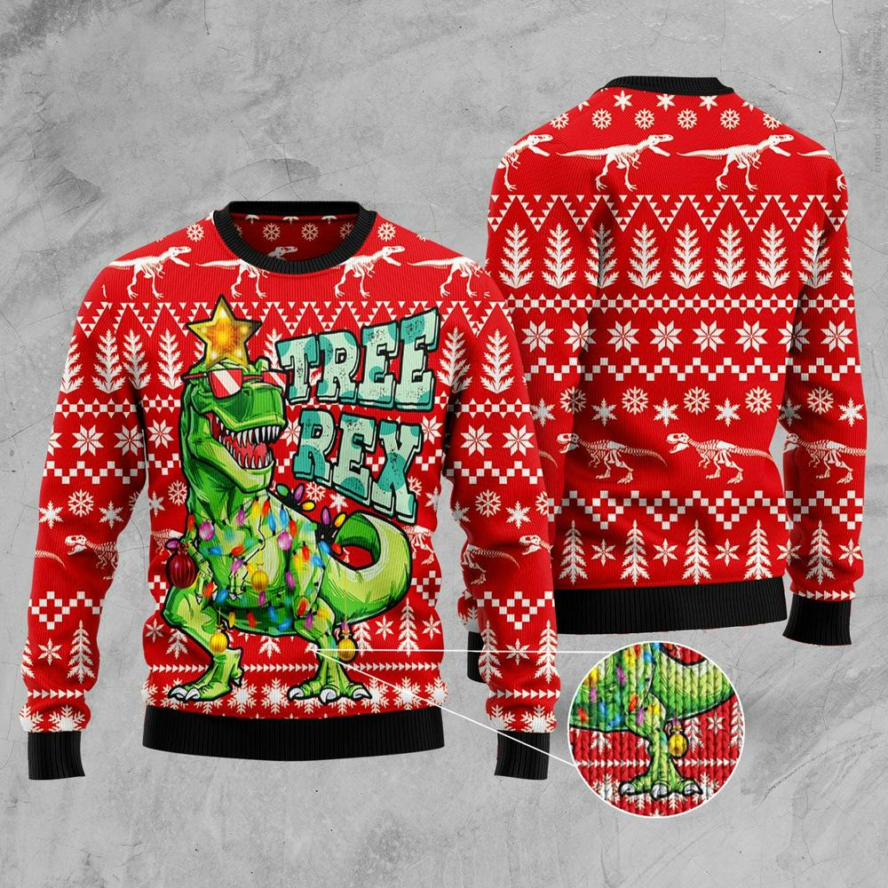 Xmas Tree Sweater, Tree Rex T-Rex Dinosaur Ugly Christmas Sweater, Funny Xmas Sweater