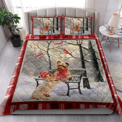 Yorkshire Quilt Set, Yorkshire Terrier Yorkie Hellomas Snowflake Winter Park Quilt Blanket