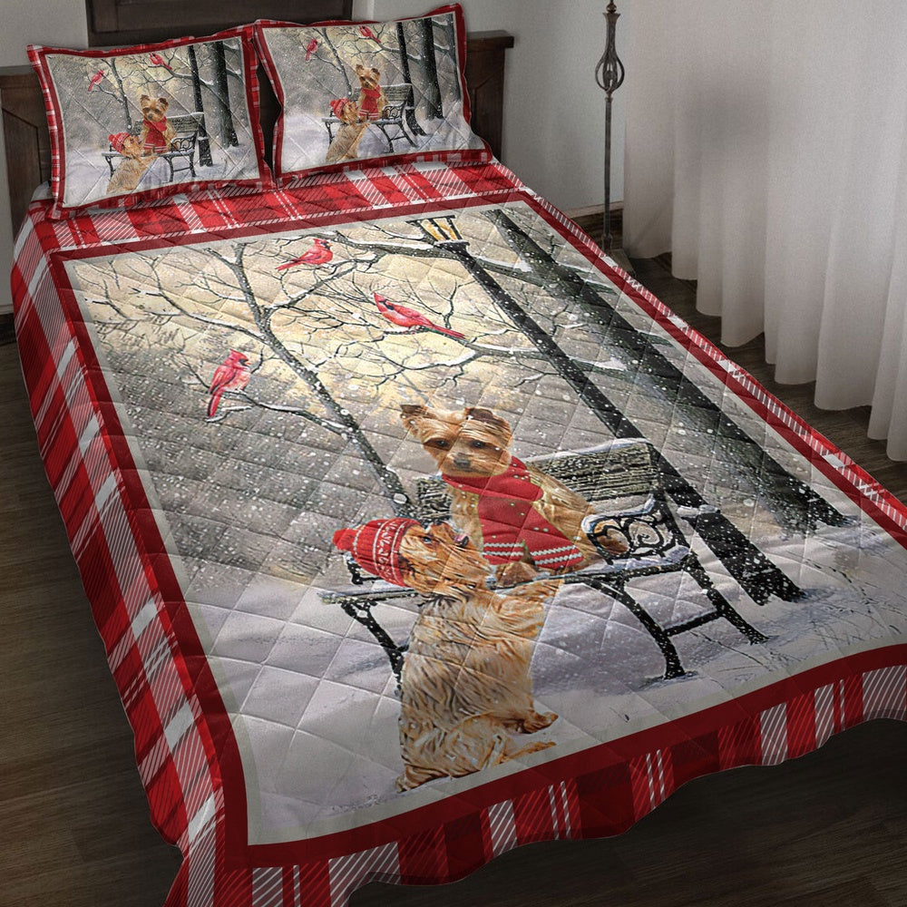 Yorkshire Quilt Set, Yorkshire Terrier Yorkie Hellomas Snowflake Winter Park Quilt Blanket