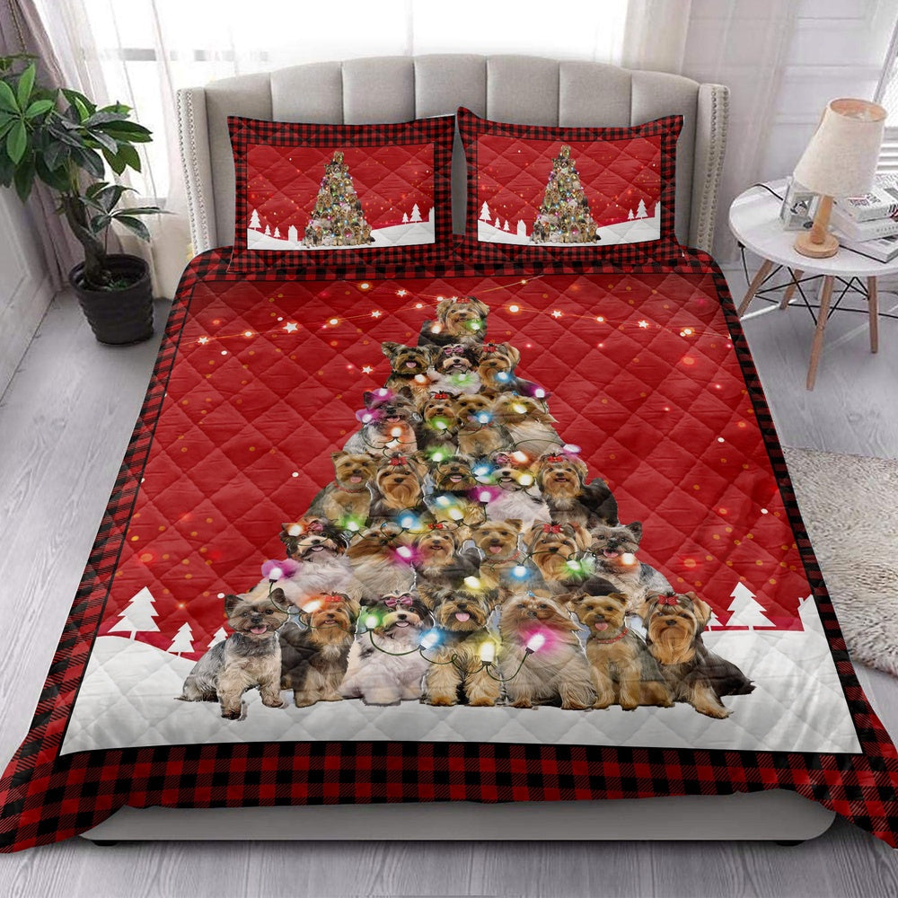 Yorkshire Quilt Set, Yorkshire Terriermas Noel Xmas Tree Dog Quilt Blanket