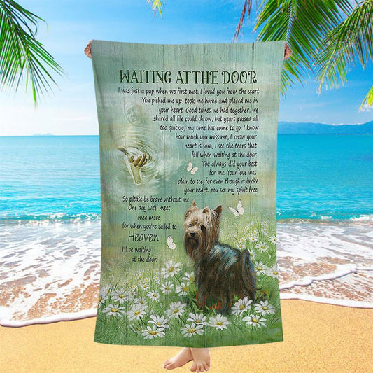 Yorkshire Terrier Dog Waiting At The Door Beach Towel - Jesus Christ Hand Daisy Field Beach Towel - Christian Beach Towel - Gift For Dog Lover