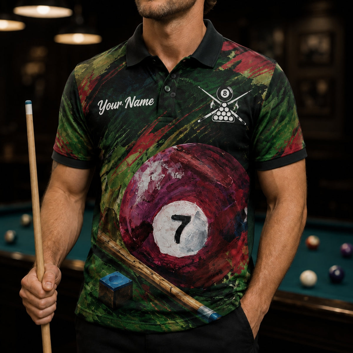 Abstract Billiards Artwork Custom Billiard Polo Shirt Front View