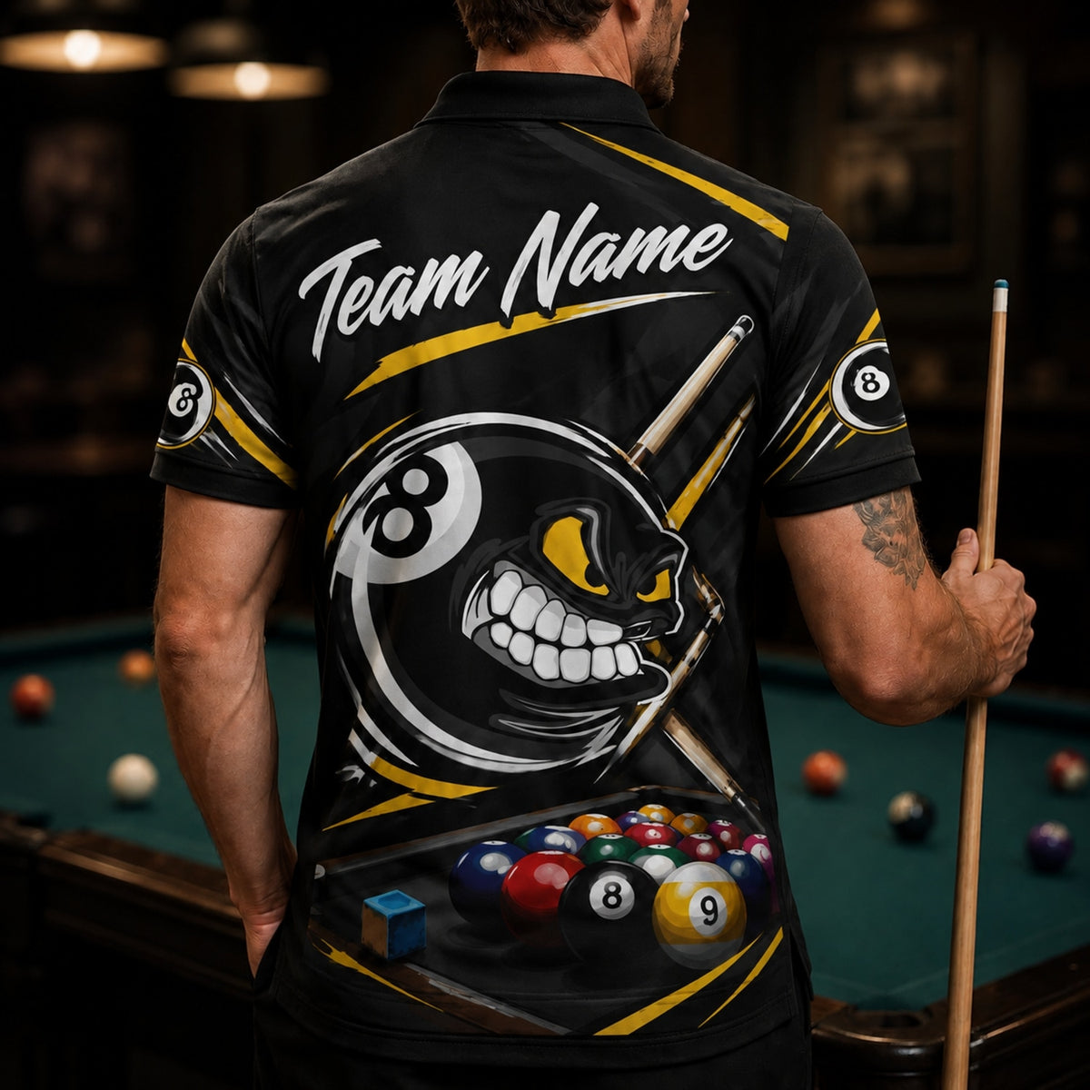 Aggressive 8 Ball Sport Personalized Billiard Polo Shirt Back View