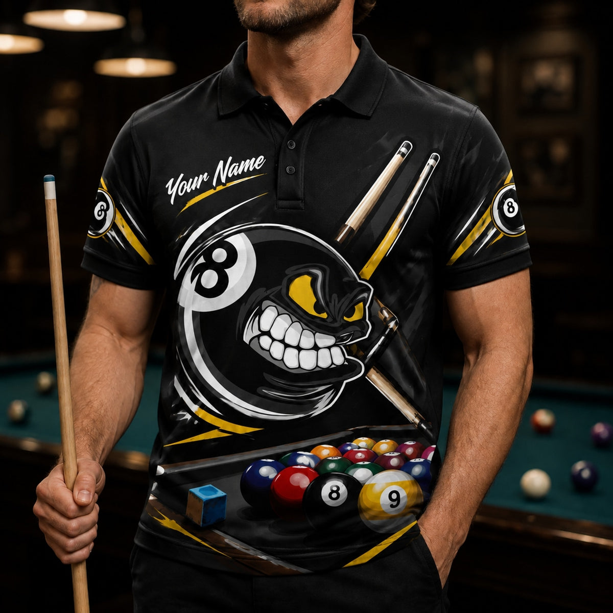 Aggressive 8 Ball Sport Personalized Billiard Polo Shirt Front View