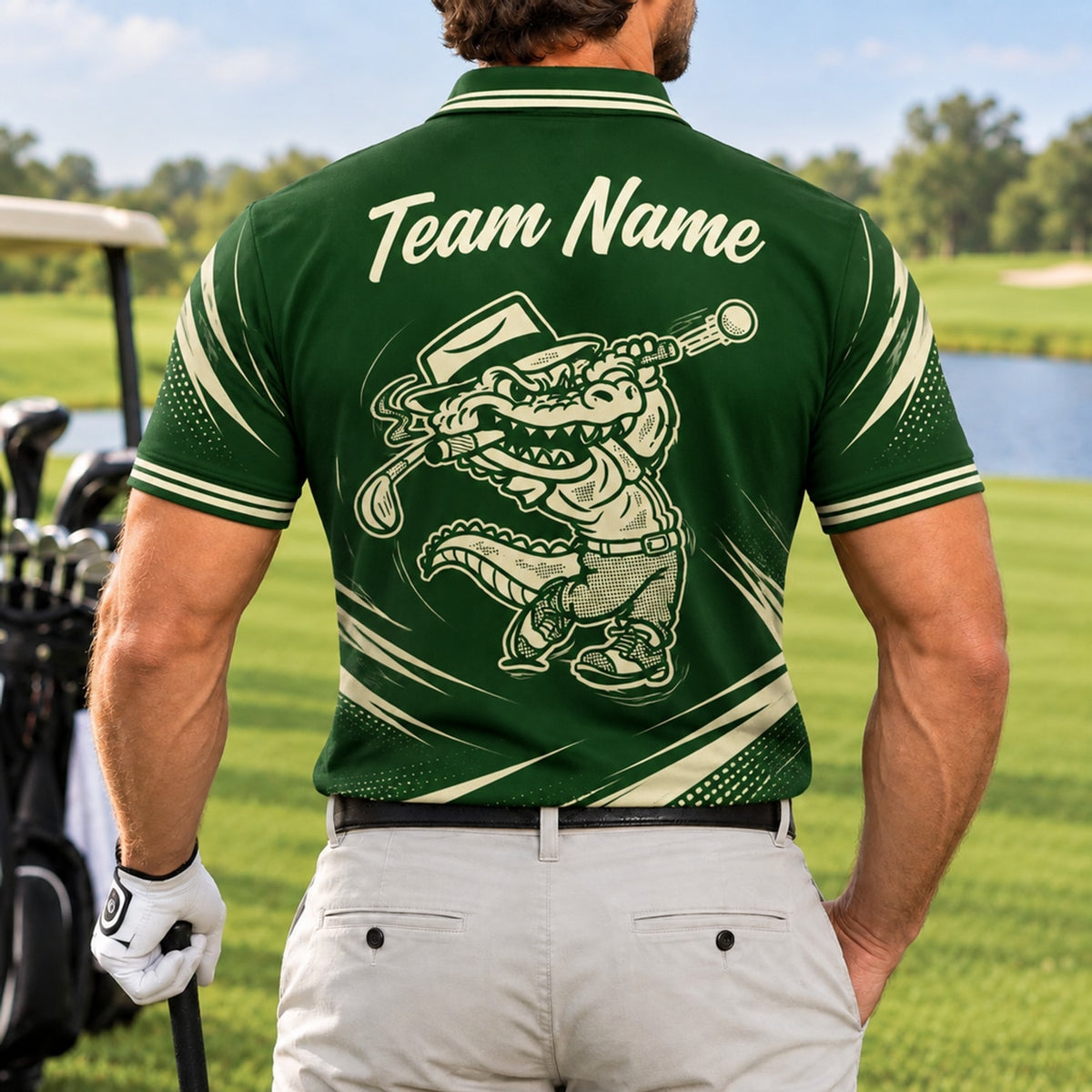 Alligator Golfer Mascot Graphic Personalized Golf Polo Shirt Back View