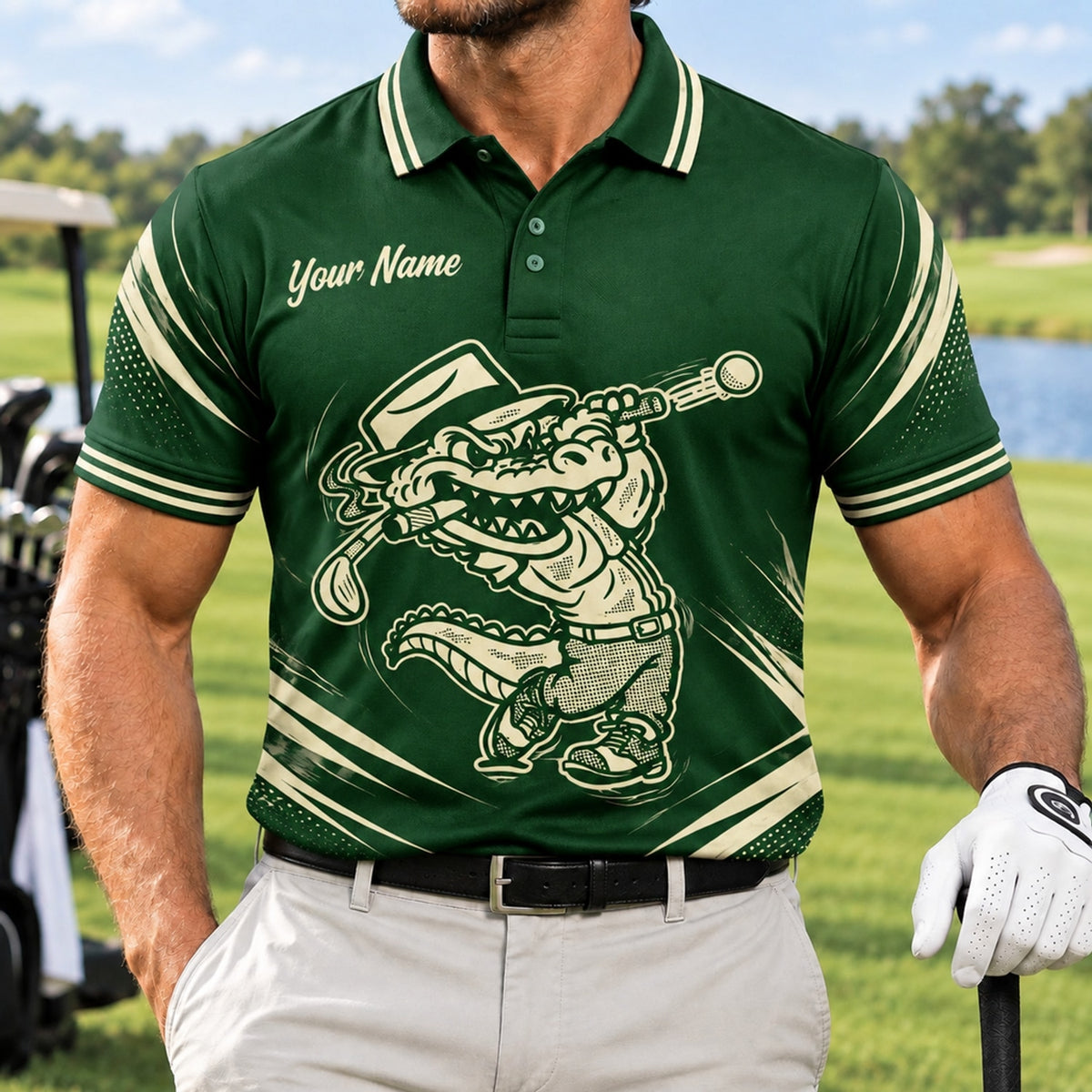 Alligator Golfer Mascot Graphic Personalized Golf Polo Shirt Front View