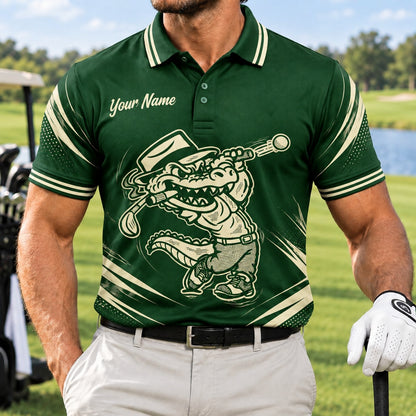 Alligator Golfer Mascot Graphic Personalized Golf Polo Shirt Front View