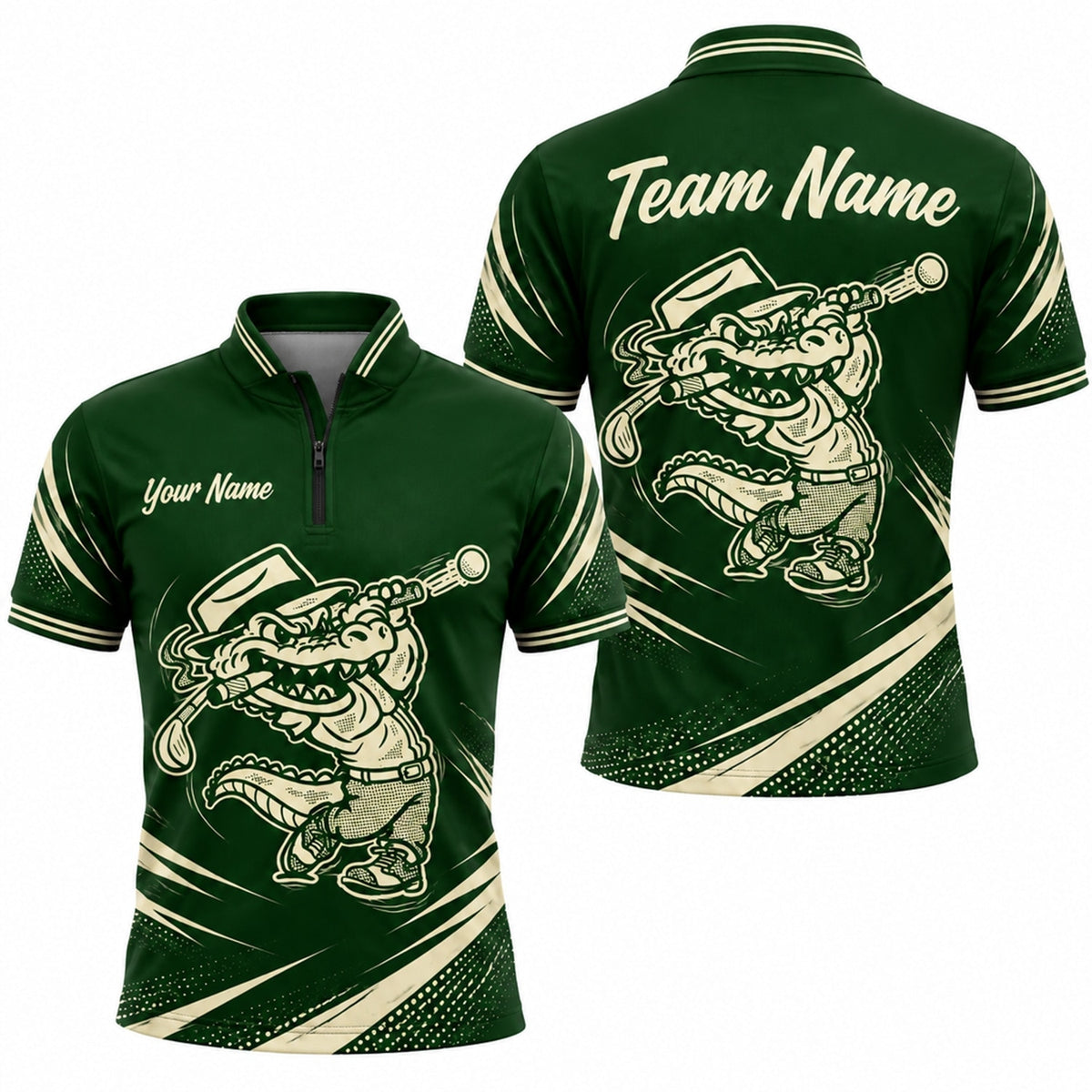 Alligator Golfer Mascot Graphic Personalized Golf Polo Shirt Jersey Zip 1 4 Collar