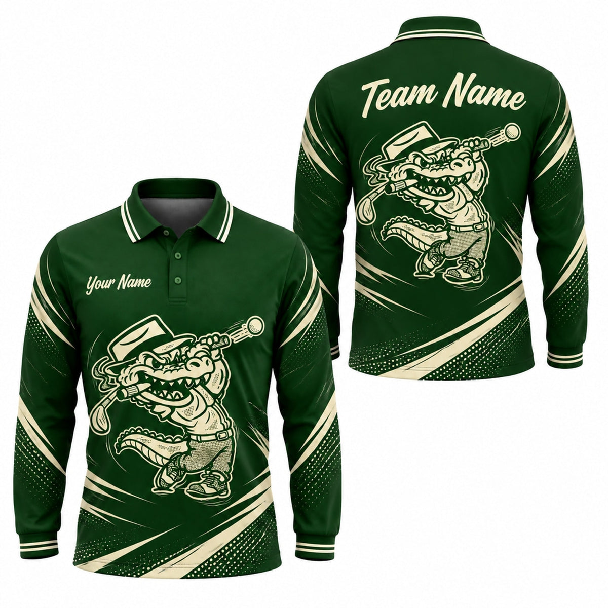 Alligator Golfer Mascot Graphic Personalized Golf Polo Shirt Long Sleeve Polo